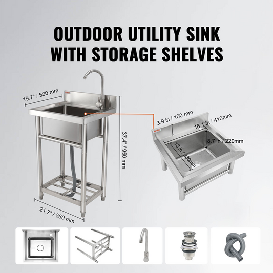 VEVOR Stainless Steel Utility Sink, 1 Compartment Free Standing Small Sink Include Faucet & legs, 40.6 x 33 x 22.1 cm Commercial Single Bowl Sinks for Garage, Restaurant, Kitchen, Laundry, NSF Certified