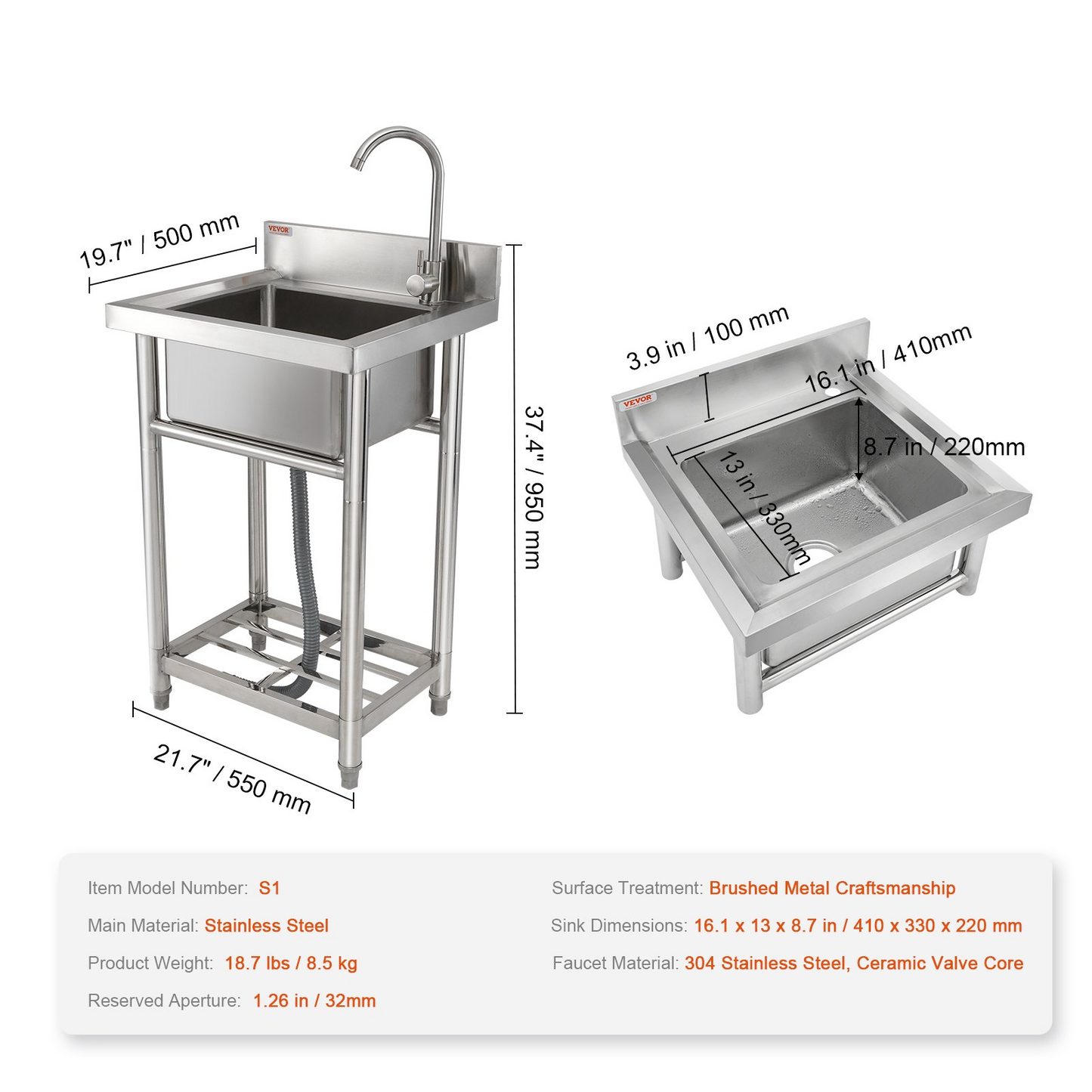 VEVOR Stainless Steel Utility Sink, 1 Compartment Free Standing Small Sink Include Faucet & legs, 40.6 x 33 x 22.1 cm Commercial Single Bowl Sinks for Garage, Restaurant, Kitchen, Laundry, NSF Certified