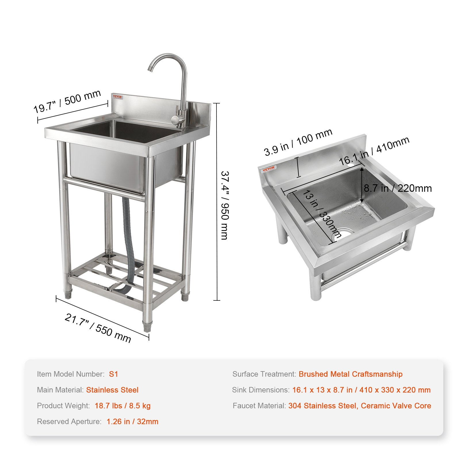 VEVOR Stainless Steel Utility Sink, 1 Compartment Free Standing Small Sink Include Faucet & legs, 40.6 x 33 x 22.1 cm Commercial Single Bowl Sinks for Garage, Restaurant, Kitchen, Laundry, NSF Certified