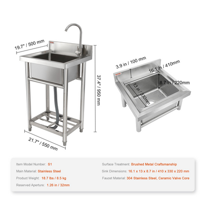 VEVOR Stainless Steel Utility Sink, 1 Compartment Free Standing Small Sink Include Faucet & legs, 40.6 x 33 x 22.1 cm Commercial Single Bowl Sinks for Garage, Restaurant, Kitchen, Laundry, NSF Certified