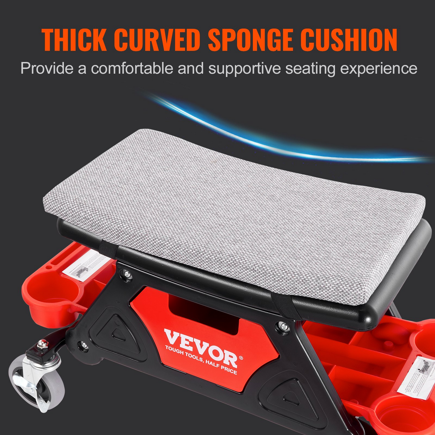 VEVOR Mechanics Stool, 136.1kg Capacity Rolling Mechanic Seat with 10.2cm Wheels, Three Slide-Out Tool Trays and Drawer, Heavy Duty Roller Creeper Seat for Home Garage DIY Automotive