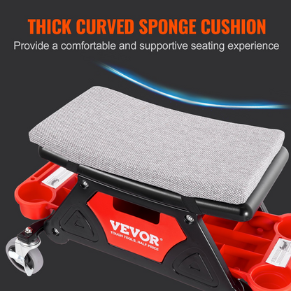 VEVOR Mechanics Stool, 136.1kg Capacity Rolling Mechanic Seat with 10.2cm Wheels, Three Slide-Out Tool Trays and Drawer, Heavy Duty Roller Creeper Seat for Home Garage DIY Automotive