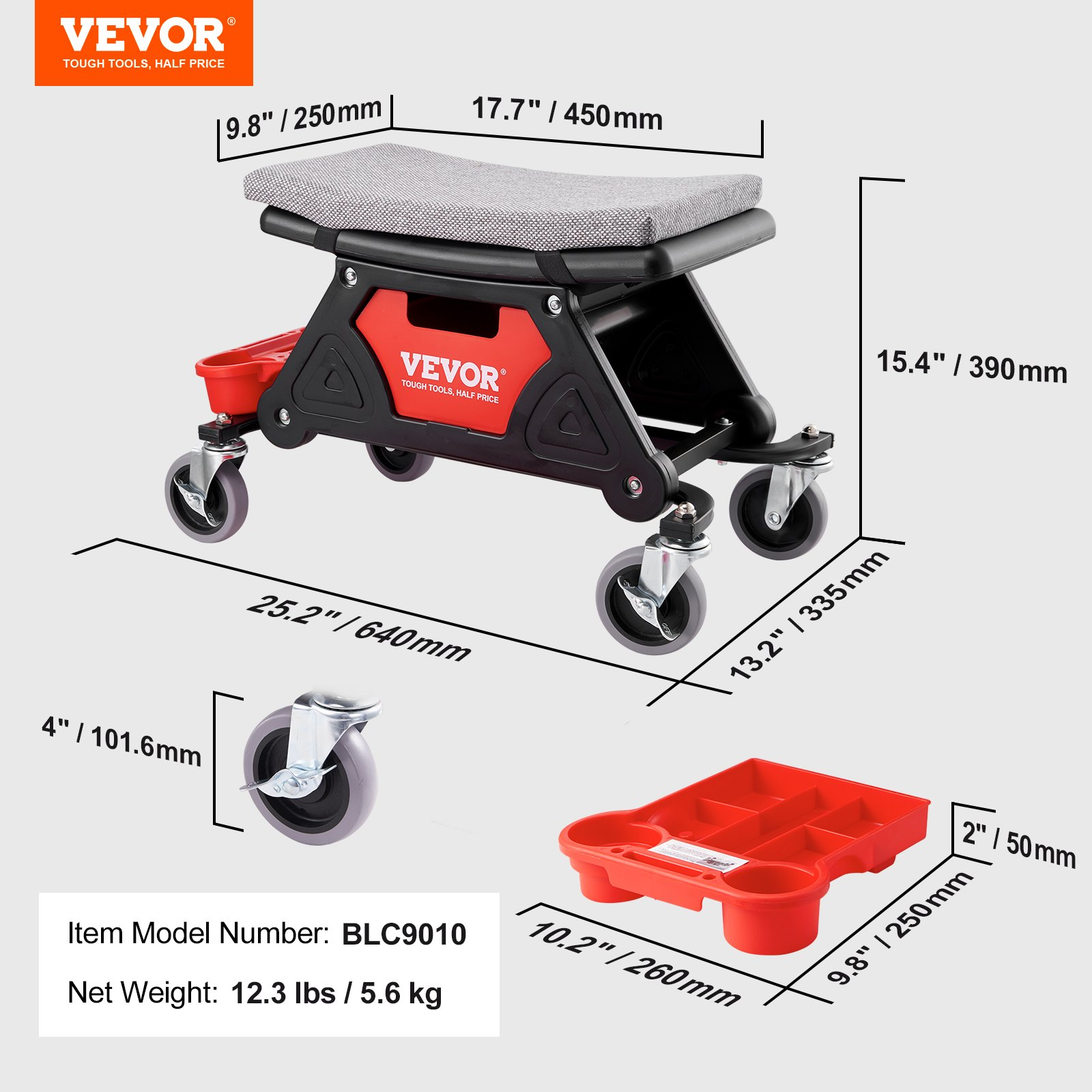 VEVOR Mechanics Stool, 136.1kg Capacity Rolling Mechanic Seat with 10.2cm Wheels, Three Slide-Out Tool Trays and Drawer, Heavy Duty Roller Creeper Seat for Home Garage DIY Automotive