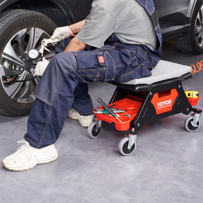 VEVOR Mechanics Stool, 136.1kg Capacity Rolling Mechanic Seat with 10.2cm Wheels, Three Slide-Out Tool Trays and Drawer, Heavy Duty Roller Creeper Seat for Home Garage DIY Automotive
