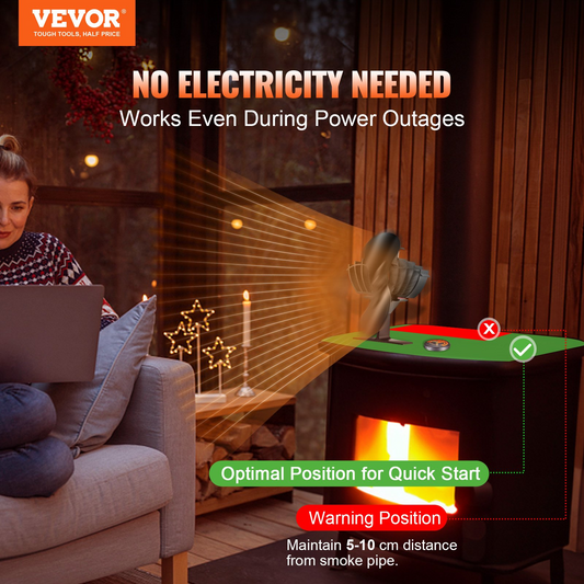 VEVOR Wood Stove Fan Heat Powered, Quiet Fireplace Fans for Wood/Log Burner/Heater, 260 CFM Max. Airflow Non Electric, Aluminum Alloy Circulating Warm Air Saving Fuel, 2 Blades, 7.1'' x 4.2'' x 7.7''