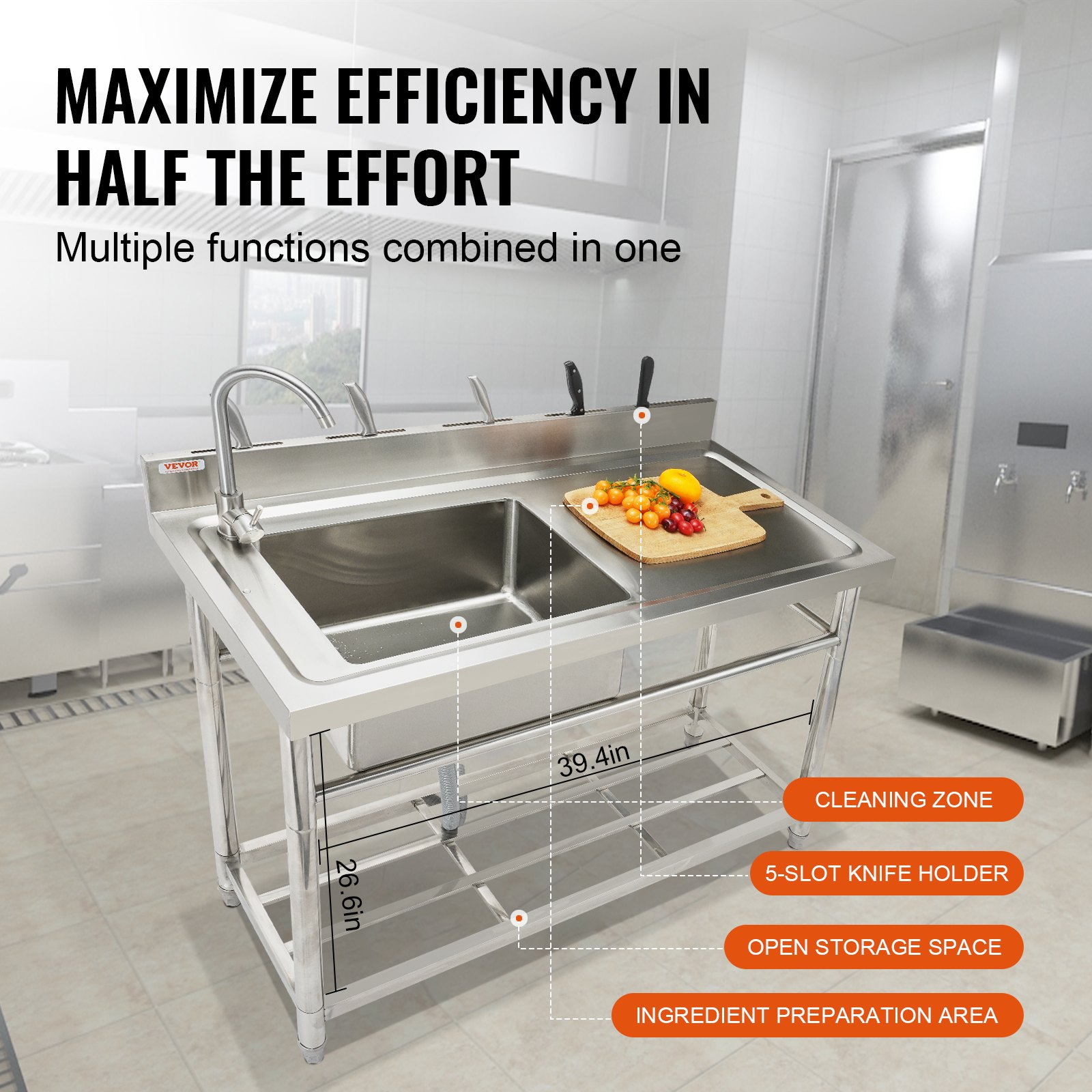 VEVOR Stainless Steel Utility Sink, 1 Compartment Free Standing Small Sink w/Workbench Faucet & legs, 100.1 x 48.5 x 95 cm Commercial Single Bowl Sinks for Garage, Restaurant, Laundry, NSF Certified