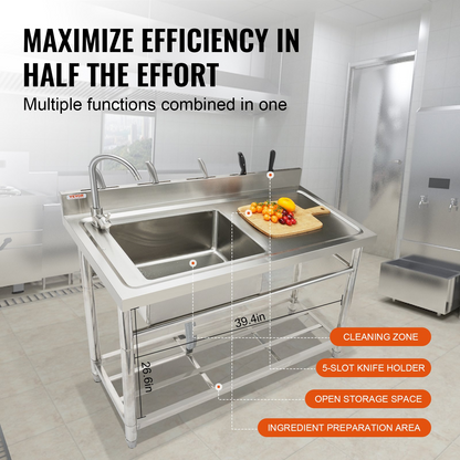 VEVOR Stainless Steel Utility Sink, 1 Compartment Free Standing Small Sink w/Workbench Faucet & legs, 100.1 x 48.5 x 95 cm Commercial Single Bowl Sinks for Garage, Restaurant, Laundry, NSF Certified