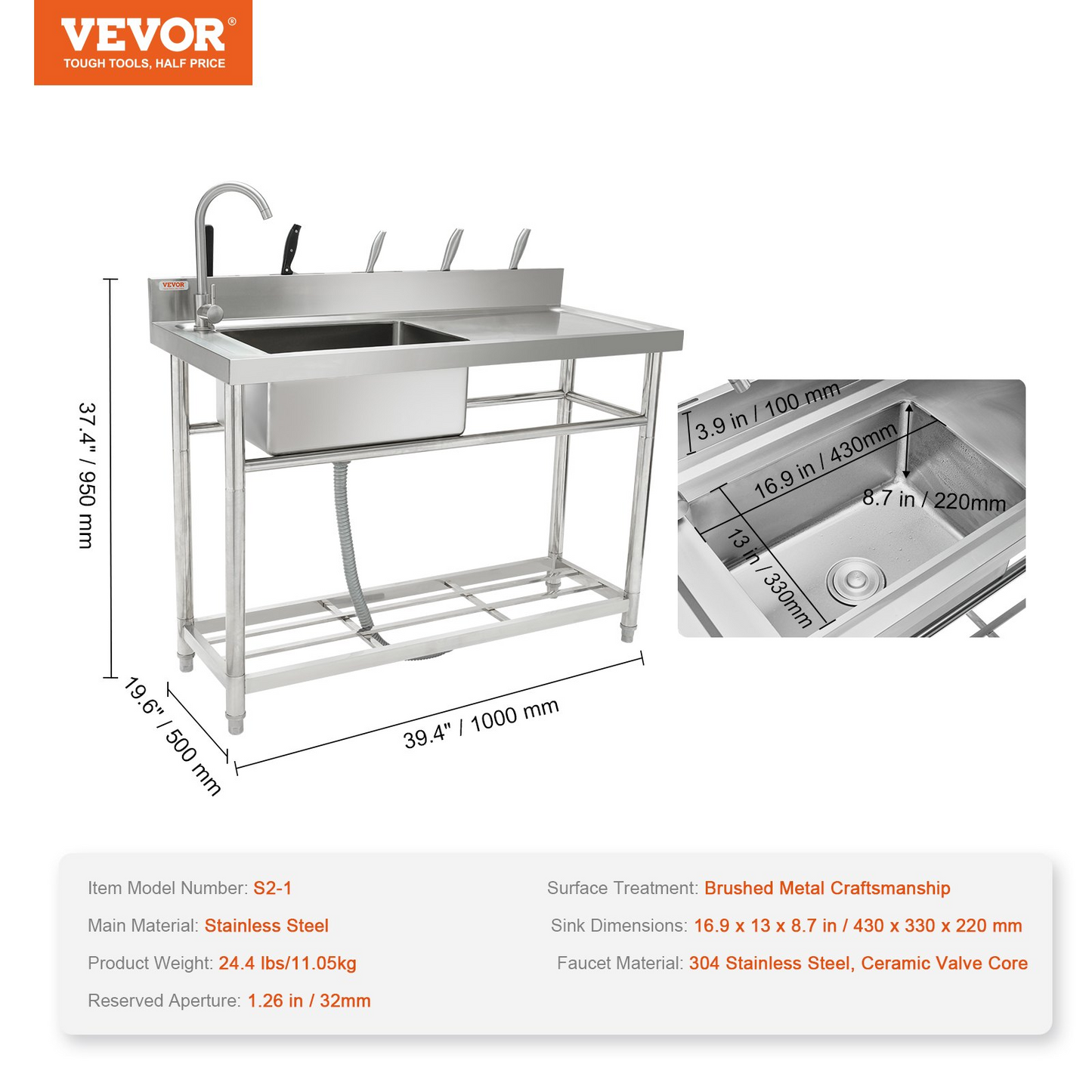 VEVOR Stainless Steel Utility Sink, 1 Compartment Free Standing Small Sink w/Workbench Faucet & legs, 100.1 x 48.5 x 95 cm Commercial Single Bowl Sinks for Garage, Restaurant, Laundry, NSF Certified