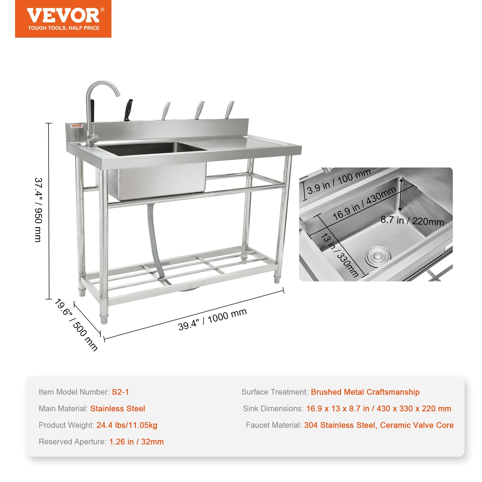 VEVOR Stainless Steel Utility Sink, 1 Compartment Free Standing Small Sink w/Workbench Faucet & legs, 100.1 x 48.5 x 95 cm Commercial Single Bowl Sinks for Garage, Restaurant, Laundry, NSF Certified