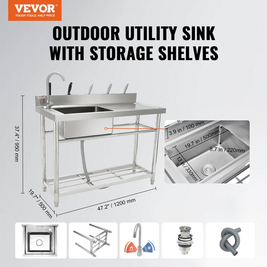 VEVOR Stainless Steel Utility Sink, Free Standing Single Bowl Commercial Kitchen Sink Set w/Workbench, 119.4 x 50 x 95 cm Commercial Single Bowl Sinks for Garage, Restaurant, Laundry, NSF Certified