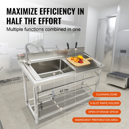 VEVOR Stainless Steel Utility Sink, Free Standing Single Bowl Commercial Kitchen Sink Set w/Workbench, 119.4 x 50 x 95 cm Commercial Single Bowl Sinks for Garage, Restaurant, Laundry, NSF Certified