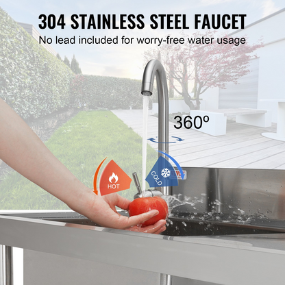 VEVOR Stainless Steel Utility Sink, Free Standing Single Bowl Commercial Kitchen Sink Set w/Workbench, 119.4 x 50 x 95 cm Commercial Single Bowl Sinks for Garage, Restaurant, Laundry, NSF Certified