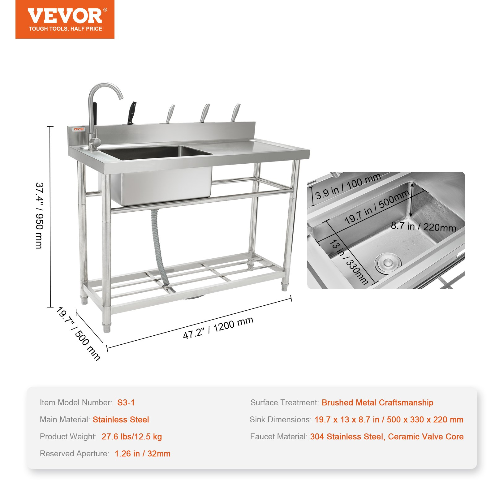 VEVOR Stainless Steel Utility Sink, Free Standing Single Bowl Commercial Kitchen Sink Set w/Workbench, 119.4 x 50 x 95 cm Commercial Single Bowl Sinks for Garage, Restaurant, Laundry, NSF Certified