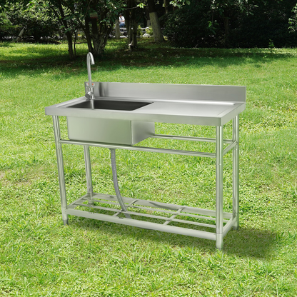 VEVOR Stainless Steel Utility Sink, Free Standing Single Bowl Commercial Kitchen Sink Set w/Workbench, 119.4 x 50 x 95 cm Commercial Single Bowl Sinks for Garage, Restaurant, Laundry, NSF Certified