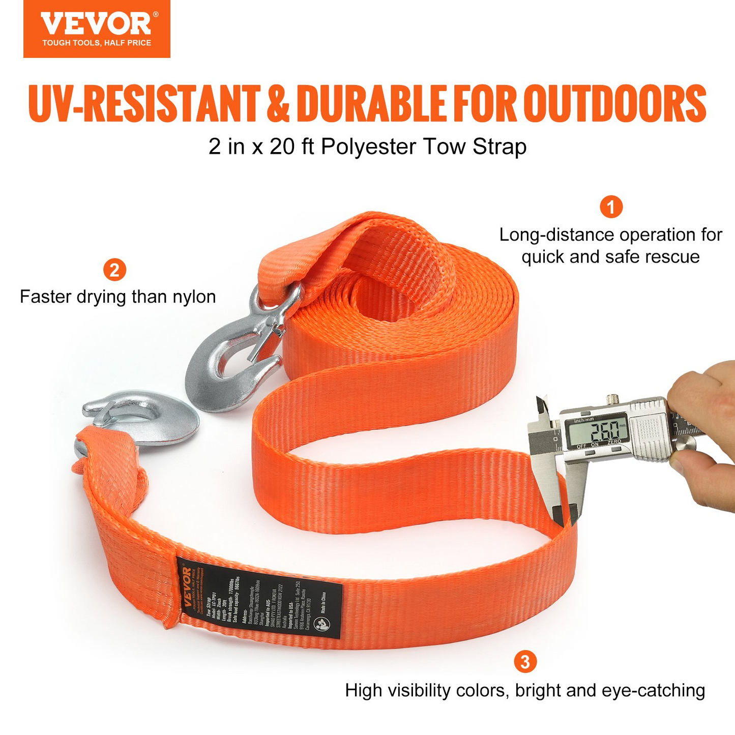 VEVOR ATV Car Tow Strap with Hooks 2"x20' 17000 lbs, Tow Straps with Safety Hooks, Car Heavy Duty Recovery Rope for Trucks Vehicles Towing Accessories, Tow Cable for for Roadside Recovery