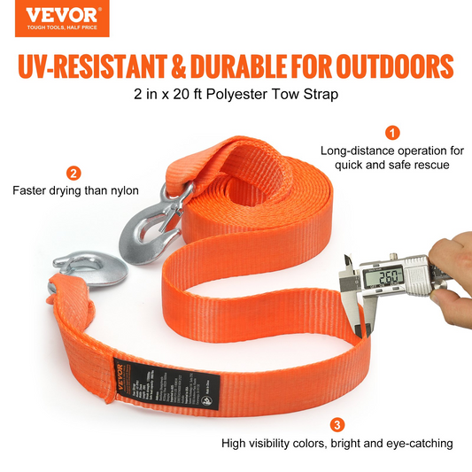 VEVOR ATV Car Tow Strap with Hooks 2"x20' 17000 lbs, Tow Straps with Safety Hooks, Car Heavy Duty Recovery Rope for Trucks Vehicles Towing Accessories, Tow Cable for for Roadside Recovery