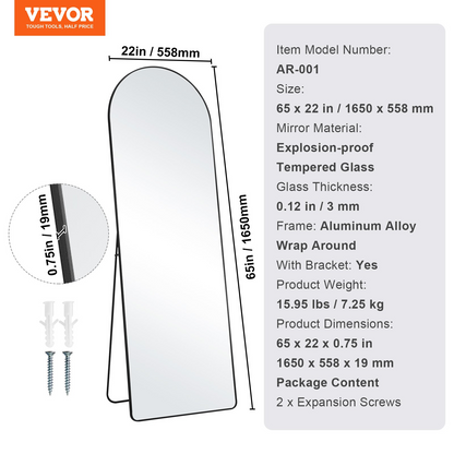 VEVOR Arched Full Length Mirror, 65'' x 22'', Large Free Standing Leaning Hanging Wall Mounted Floor Mirror with Stand Aluminum Alloy Frame, Full Body Dressing Mirror for Living Room Bedroom, Black