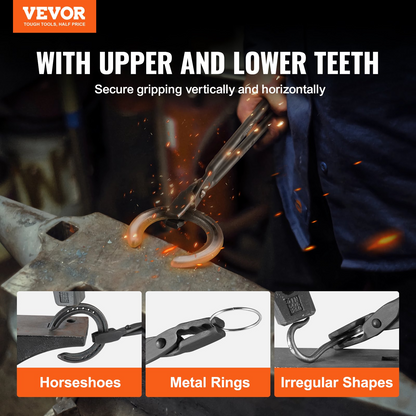 VEVOR Blacksmith Tongs, 45.7 cm Wolf Jaw Tongs, Carbon Steel Forge Tongs with A3 Steel Rivets, for Horseshoes, Curved Shapes, Block Forgings, for Beginner and Seasoned Blacksmiths and Bladesmiths