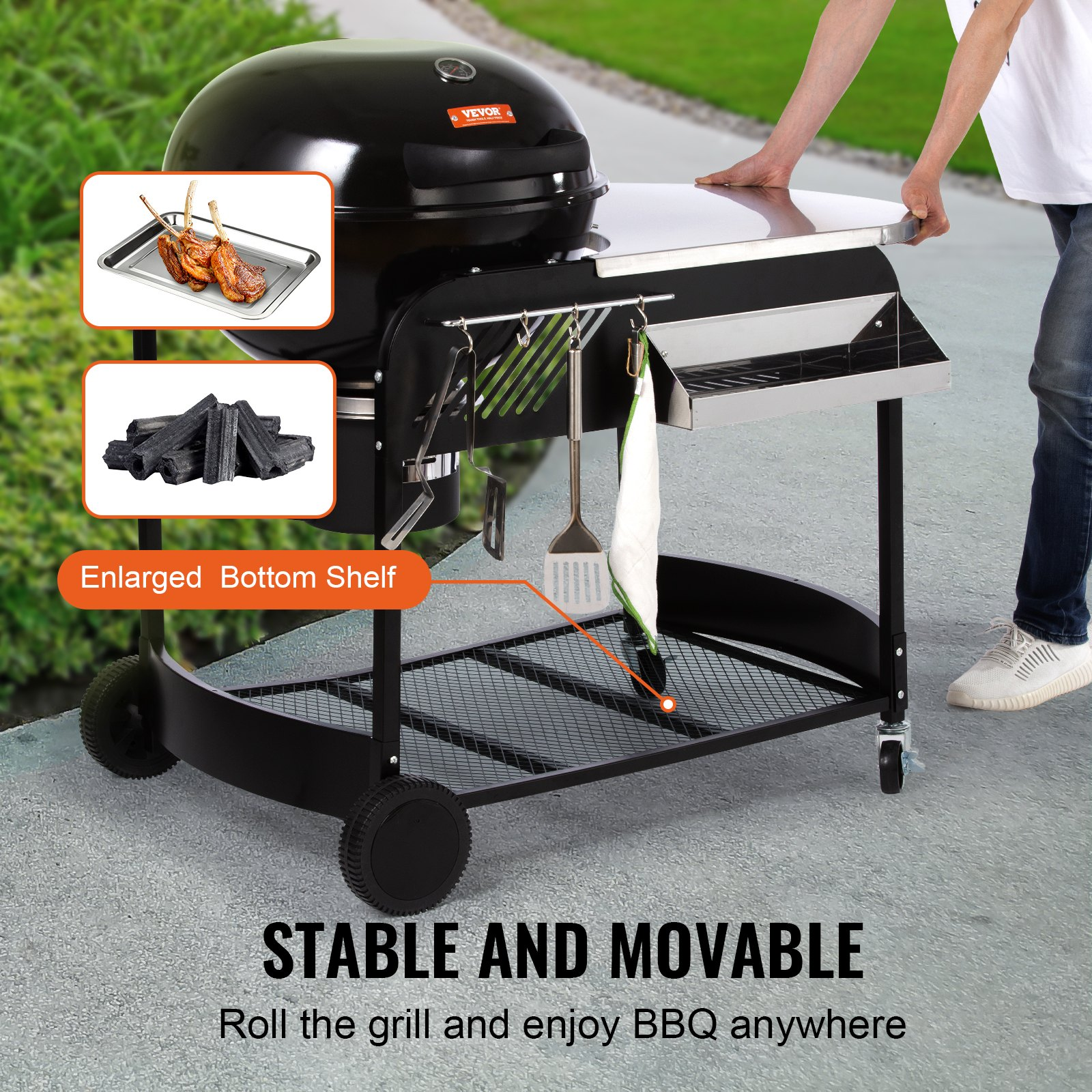 VEVOR 21 inch Portable Charcoal Grill, Propane Gas Kettle Grills with Cover and Cart, Heavy Duty Iron BBQ Grill, Freestanding Smoker for Outdoor Cooking, Barbecue Camping, Picnic, Backyard Black