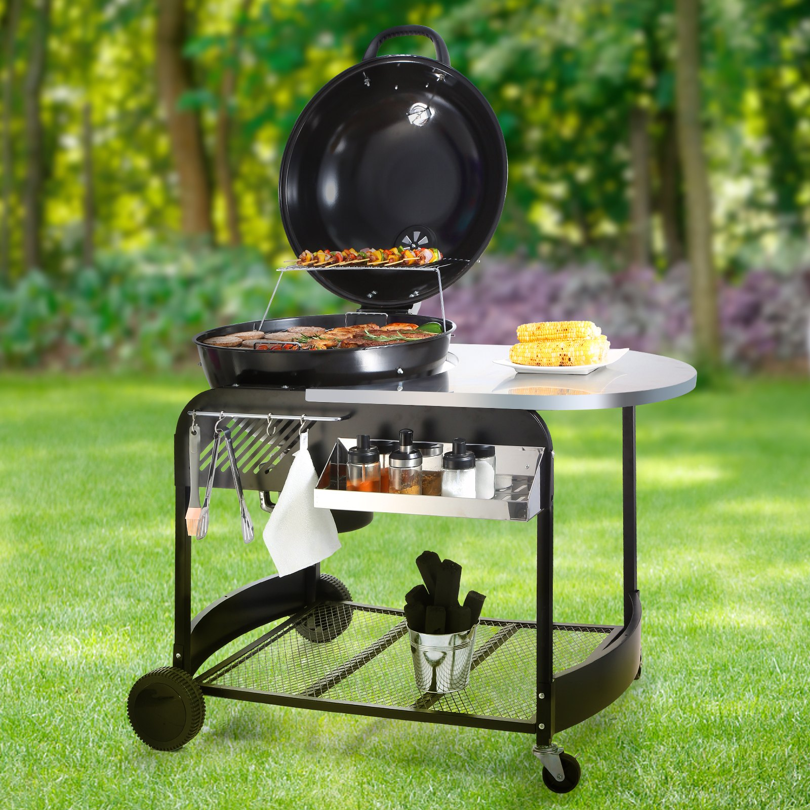 VEVOR 21 inch Portable Charcoal Grill, Propane Gas Kettle Grills with Cover and Cart, Heavy Duty Iron BBQ Grill, Freestanding Smoker for Outdoor Cooking, Barbecue Camping, Picnic, Backyard Black