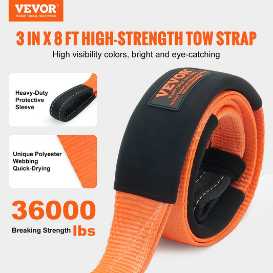 VEVOR Recovery Tow Strap 3 inches/7.6 cm, 8 feet/2.4 m 36,000 lbs/16,329 kg Break Strength, Triple Reinforced Loop Straps, Tree Saver, Winch Line Extension Strap, Off Road Towing and Recovery, Extreme Weather Resistance