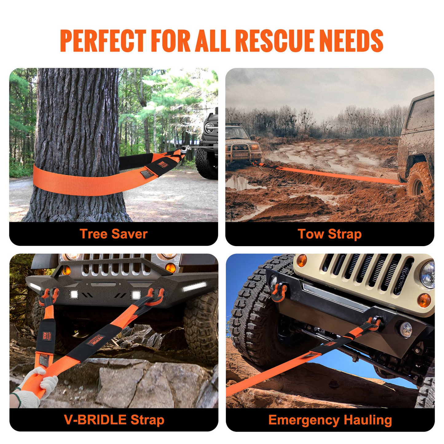 VEVOR Recovery Tow Strap 3 inches/7.6 cm, 8 feet/2.4 m 36,000 lbs/16,329 kg Break Strength, Triple Reinforced Loop Straps, Tree Saver, Winch Line Extension Strap, Off Road Towing and Recovery, Extreme Weather Resistance