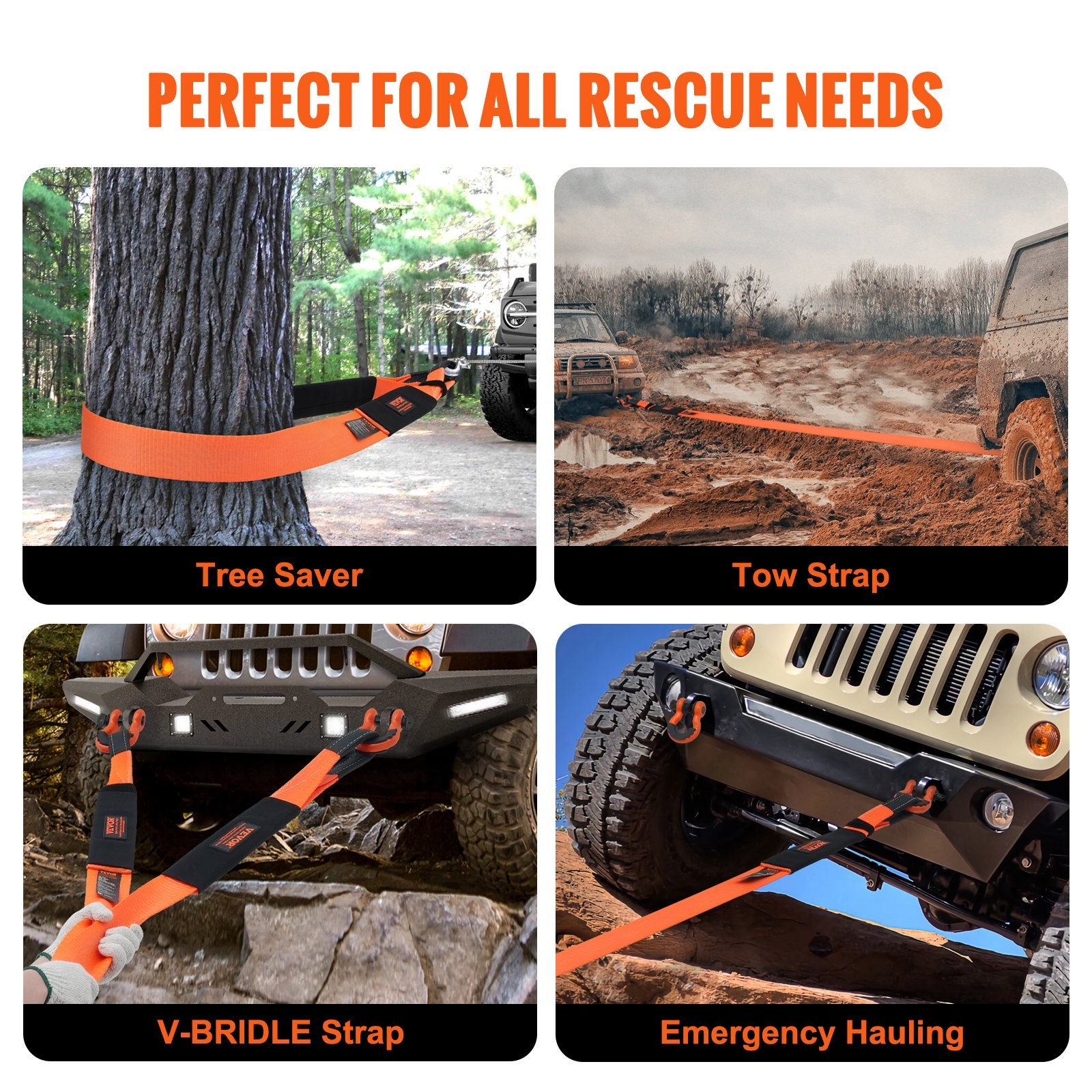 VEVOR Recovery Tow Strap 3 inches/7.6 cm, 8 feet/2.4 m 36,000 lbs/16,329 kg Break Strength, Triple Reinforced Loop Straps, Tree Saver, Winch Line Extension Strap, Off Road Towing and Recovery, Extreme Weather Resistance