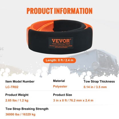 VEVOR Recovery Tow Strap 3 inches/7.6 cm, 8 feet/2.4 m 36,000 lbs/16,329 kg Break Strength, Triple Reinforced Loop Straps, Tree Saver, Winch Line Extension Strap, Off Road Towing and Recovery, Extreme Weather Resistance