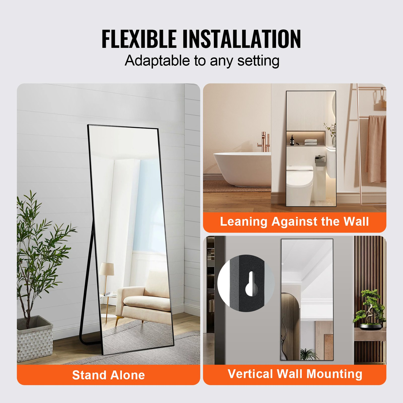 VEVOR Full Length Mirror, 71'' x 31'', Extra Large Standing Hanging or Leaning Rectangle Floor Tempered Mirror with Stand Aluminum Alloy Frame, Full Body Dressing Mirror for Living Room Bedroom, Black