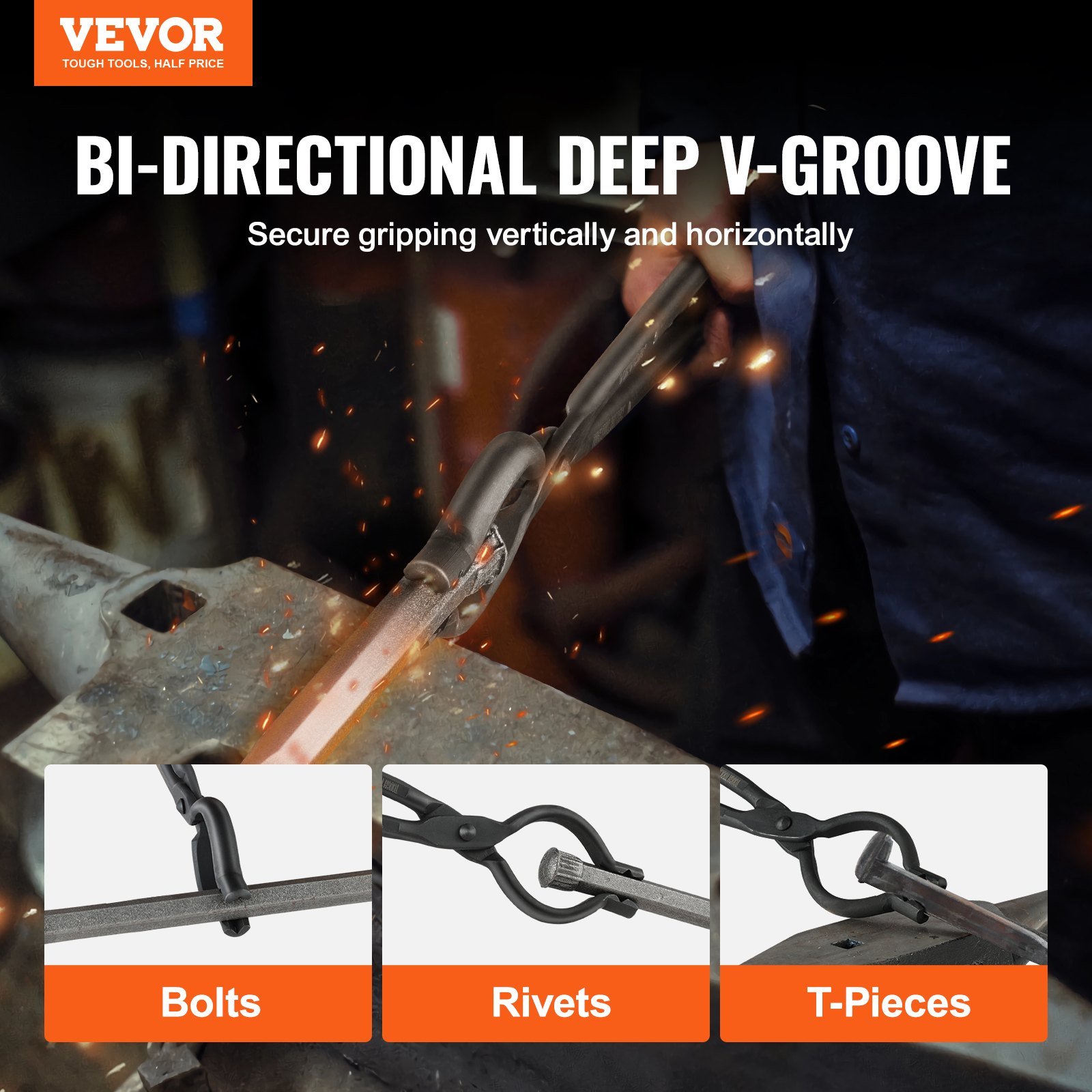 VEVOR Blacksmith Tongs, 45.7 cm V-Bit Bolt Tongs, Carbon Steel Forge Tongs with A3 Steel Rivets, for Long, Irregular, and Nail-shaped Forgings, for Beginner and Seasoned Blacksmiths and Bladesmiths