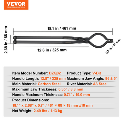 VEVOR Blacksmith Tongs, 45.7 cm V-Bit Bolt Tongs, Carbon Steel Forge Tongs with A3 Steel Rivets, for Long, Irregular, and Nail-shaped Forgings, for Beginner and Seasoned Blacksmiths and Bladesmiths