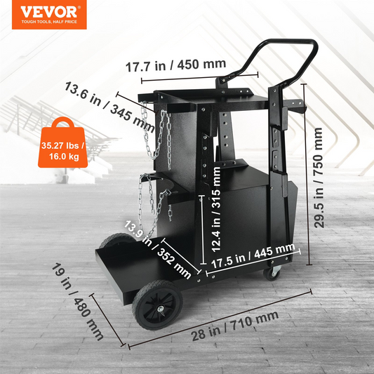 VEVOR Welding Cart, 2-Tier Heavy Duty Welder Cart with Anti-Theft Lockable Cabinet, 120.2 kg Weight Capacity, 360° Swivel Wheels, Tank Storage Safety Chains, Welding Cabinet for TIG, ARC, Plasma Cutter