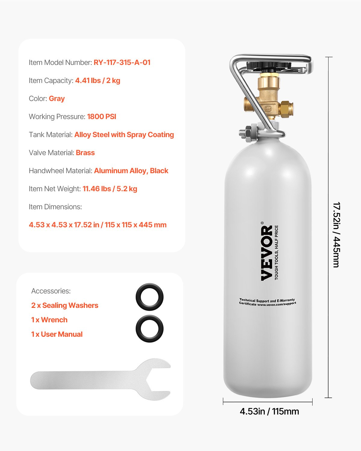 VEVOR CO2 Tank 4.41 lbs Aluminum Alloy Cylinder with DIN477 Valve TUV Approved