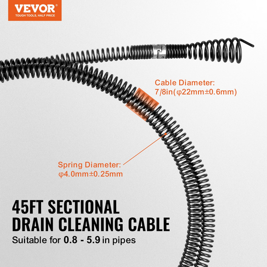 VEVOR Sectional Drain Cleaning Cable 45FT/13.7 m x 7/8In/2.2 cm & 6 Cutters for 0.8"-5.9"/2-15 cm Pipes