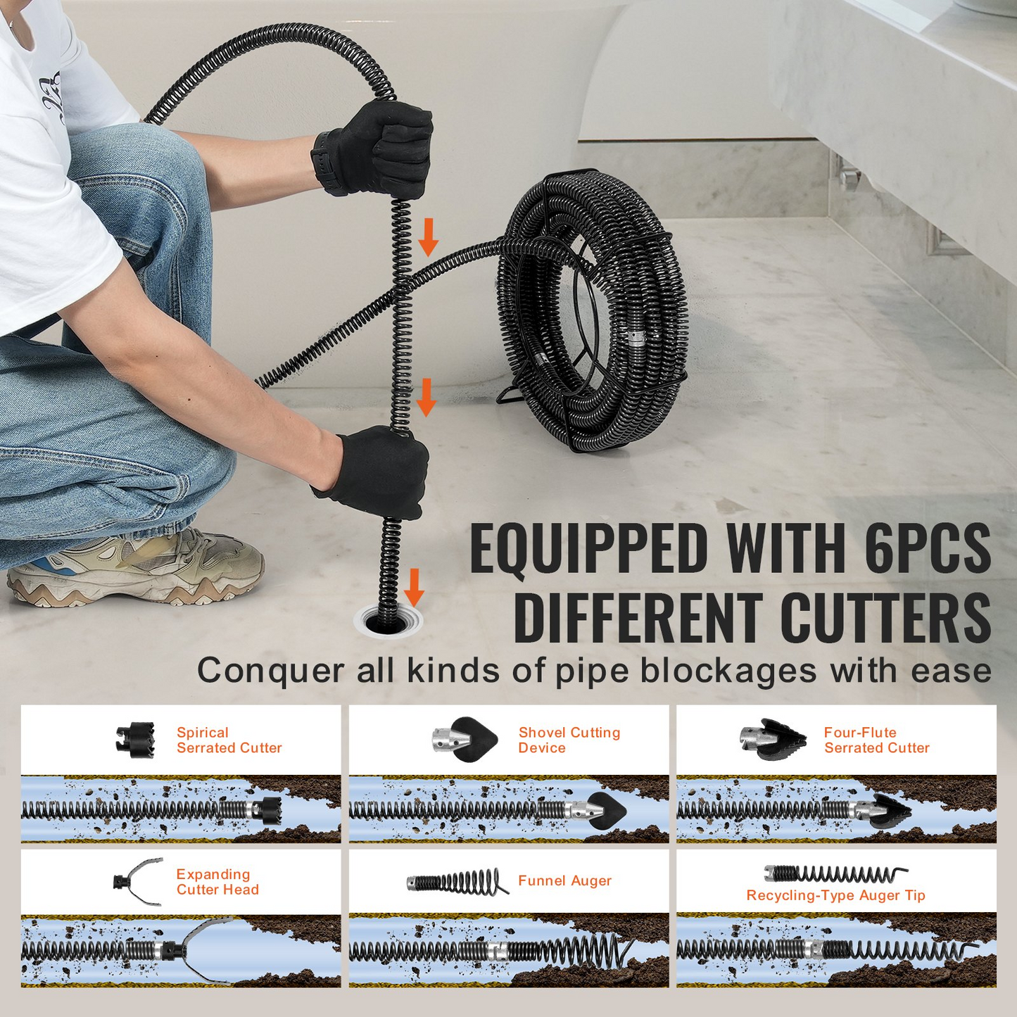 VEVOR Sectional Drain Cleaning Cable 45FT/13.7 m x 7/8In/2.2 cm & 6 Cutters for 0.8"-5.9"/2-15 cm Pipes