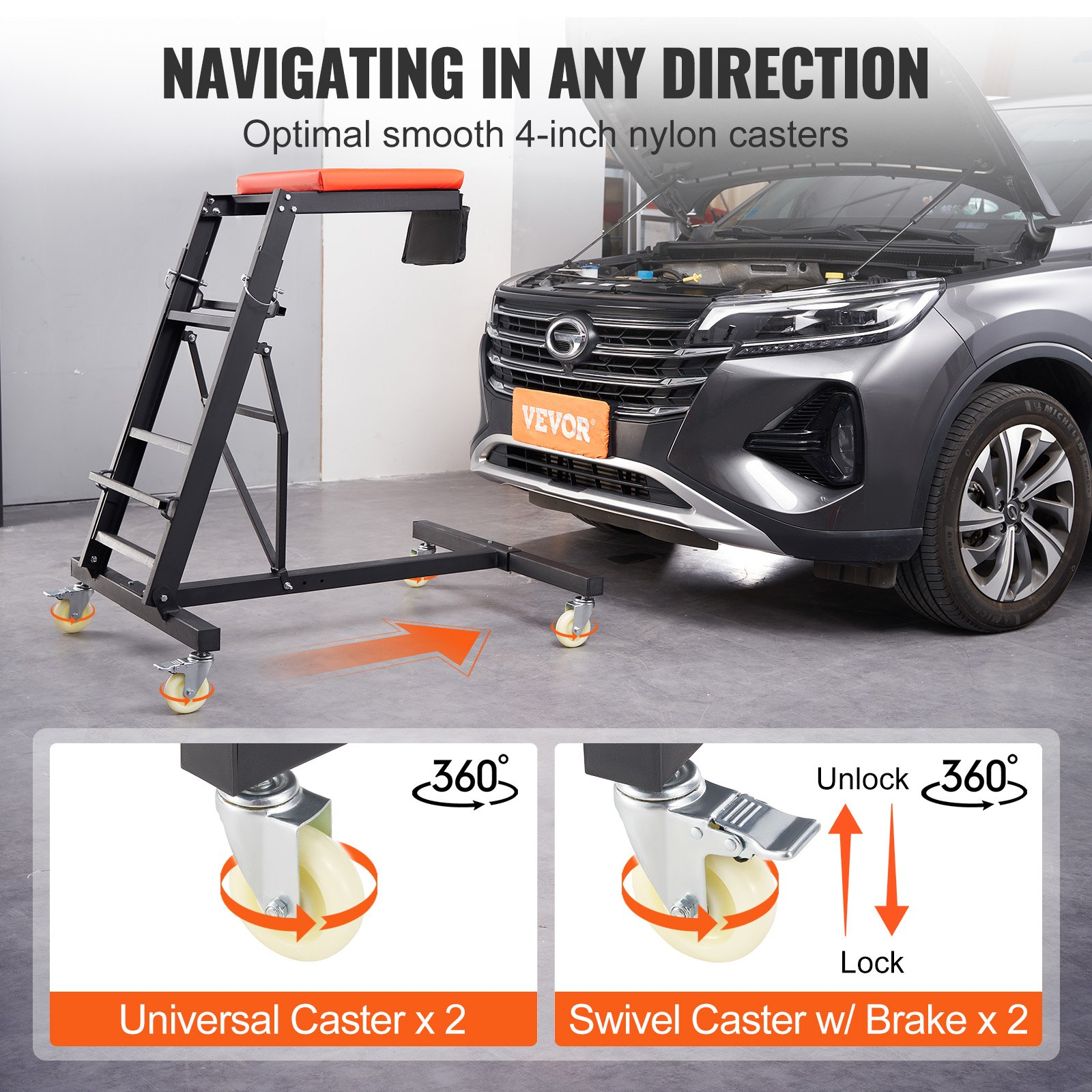 VEVOR Automotive Creeper, with Adjustable Height 49.6" to 75.6", 400 LBS Capacity High Creeper, 4 Swivel Caster Wheels, Heavy Duty Foldable Creeper for Auto Repair and Maintenance