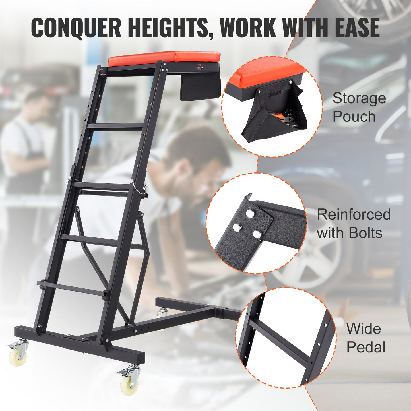 VEVOR Automotive Creeper, with Adjustable Height 49.6" to 75.6", 400 LBS Capacity High Creeper, 4 Swivel Caster Wheels, Heavy Duty Foldable Creeper for Auto Repair and Maintenance
