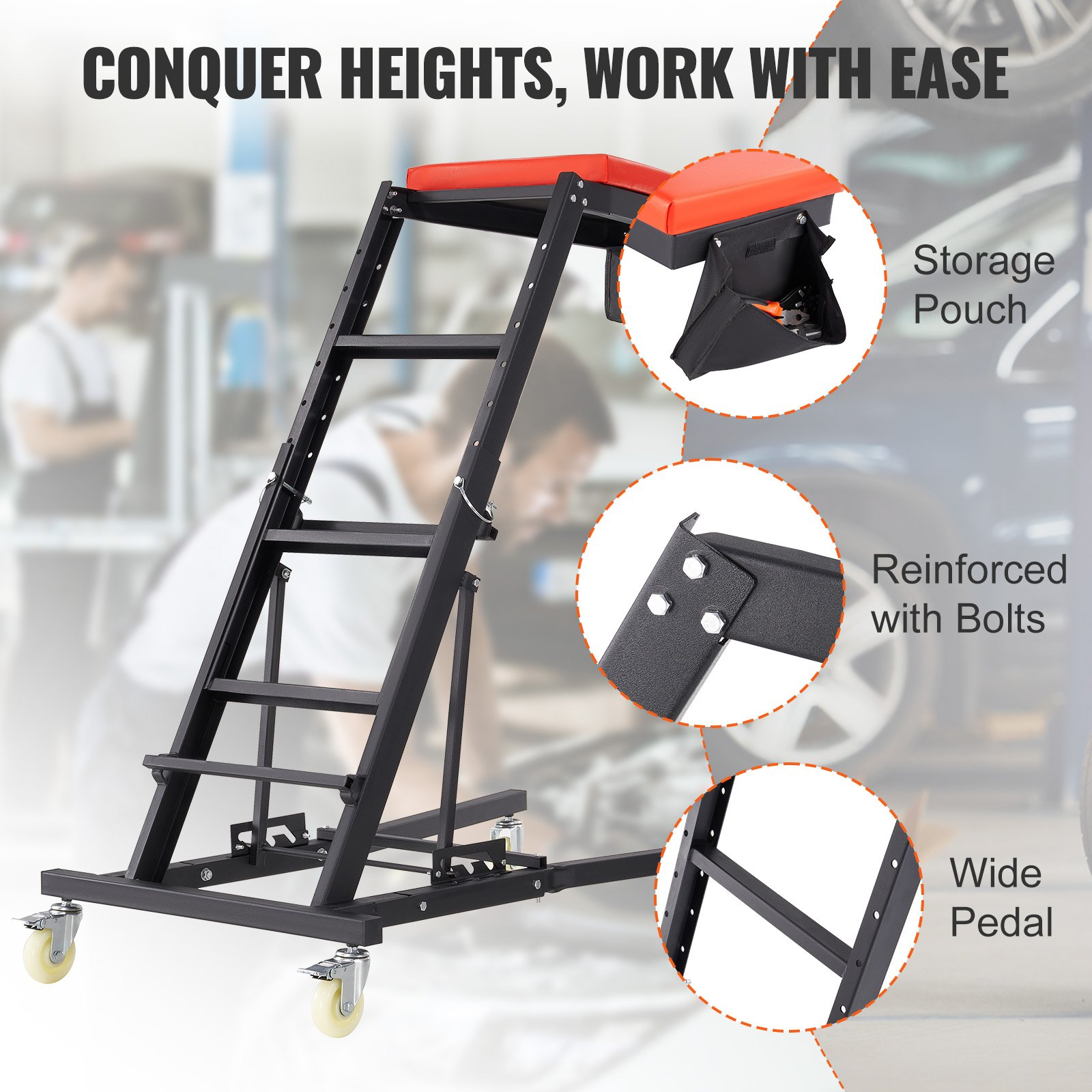 VEVOR Automotive Topside Creeper, with Adjustable Height 1219-1930 mm, 400 LBS Capacity High Creeper, 4 Swivel Caster Wheels, Heavy Duty Foldable Creeper for Auto Repair and Maintenance