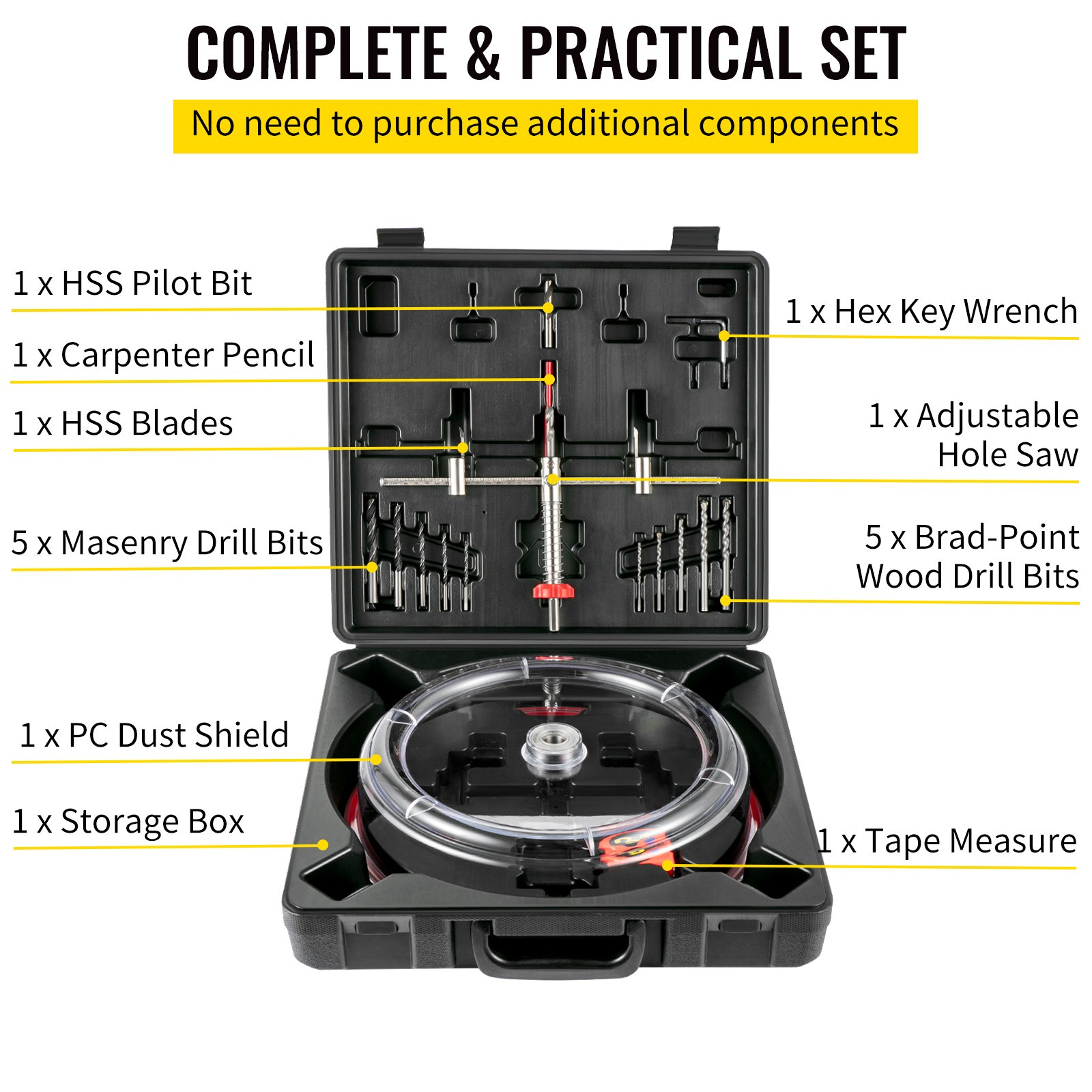 VEVOR Adjustable Hole Saw Cutter Kit, 1-5/8" to 11-13 /16" (40-300 mm), Recessed Hole Saw with PC Dust Shield, Two Replaceable Pilot Drill Bits, for Recessed Lights, Ceiling Speakers, Vent Holes