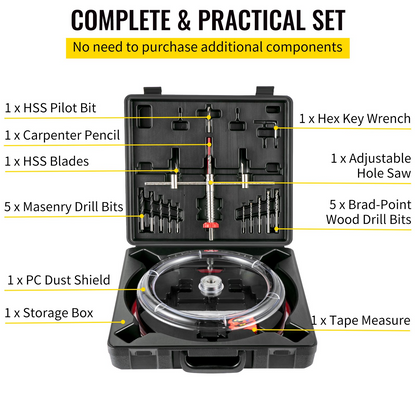 VEVOR Adjustable Hole Saw Cutter Kit, 1-5/8" to 11-13 /16" (40-300 mm), Recessed Hole Saw with PC Dust Shield, Two Replaceable Pilot Drill Bits, for Recessed Lights, Ceiling Speakers, Vent Holes