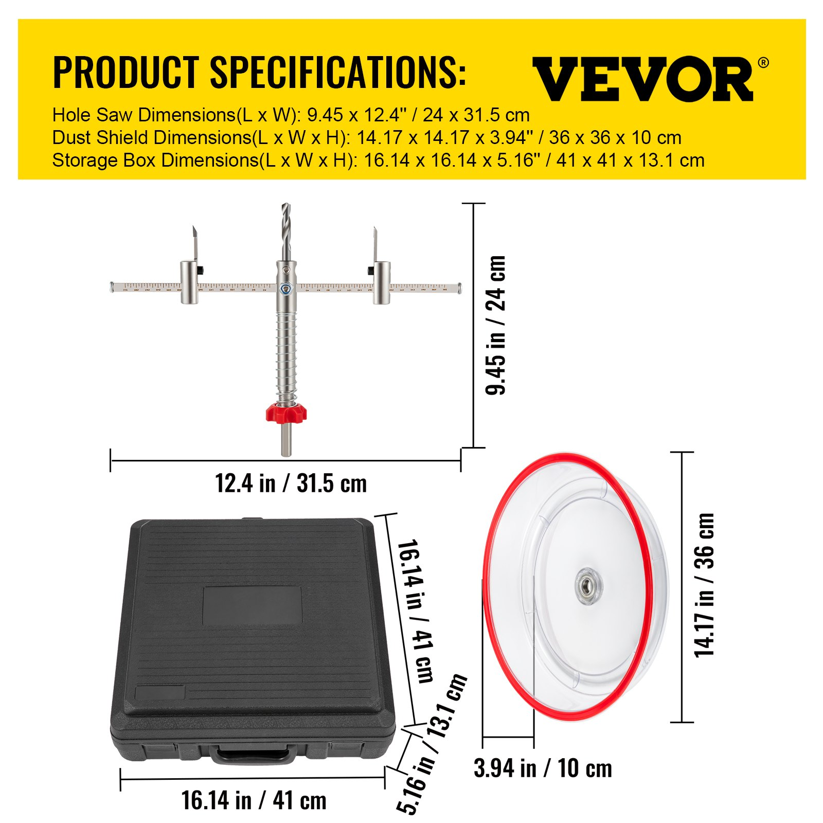 VEVOR Adjustable Hole Saw Cutter Kit, 1-5/8" to 11-13 /16" (40-300 mm), Recessed Hole Saw with PC Dust Shield, Two Replaceable Pilot Drill Bits, for Recessed Lights, Ceiling Speakers, Vent Holes