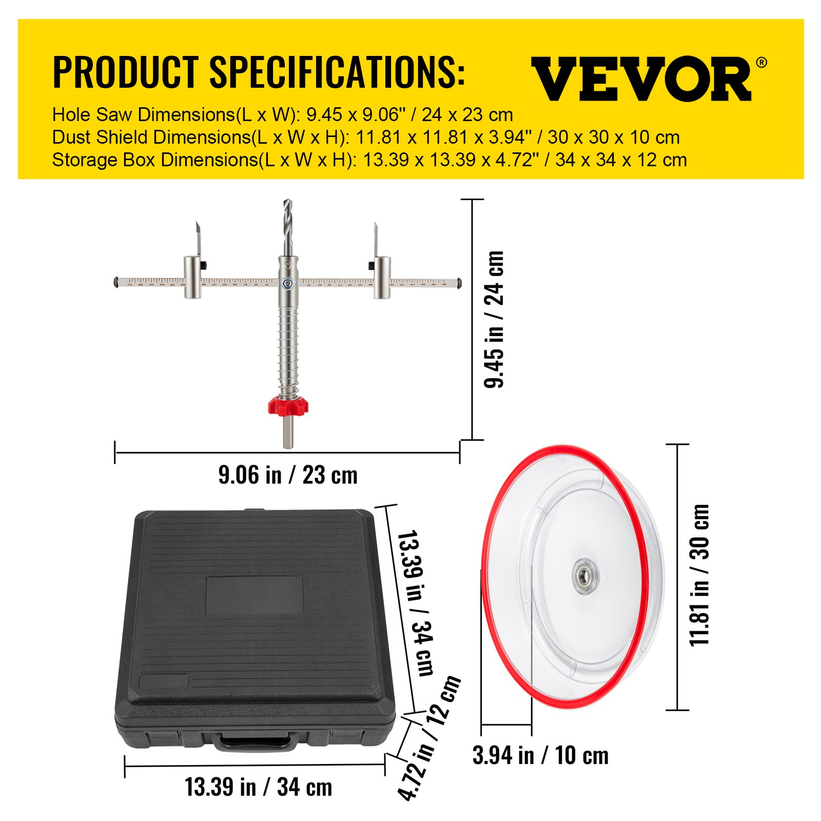 VEVOR Adjustable Hole Saw Cutter Kit, 1-5/8" to 8" (40-200 mm), Twin Blade Recessed Hole Saw with PC Dust Shield, Two Replaceable Pilot Drill Bits, for Recessed Lights, Ceiling Speakers, Vent Holes