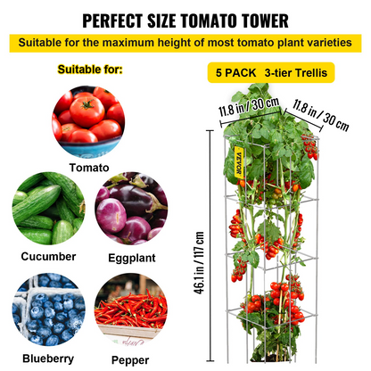 VEVOR Tomato Cages Plant Support Cage 5Pack Square Steel 3.8FT Silver for Garden