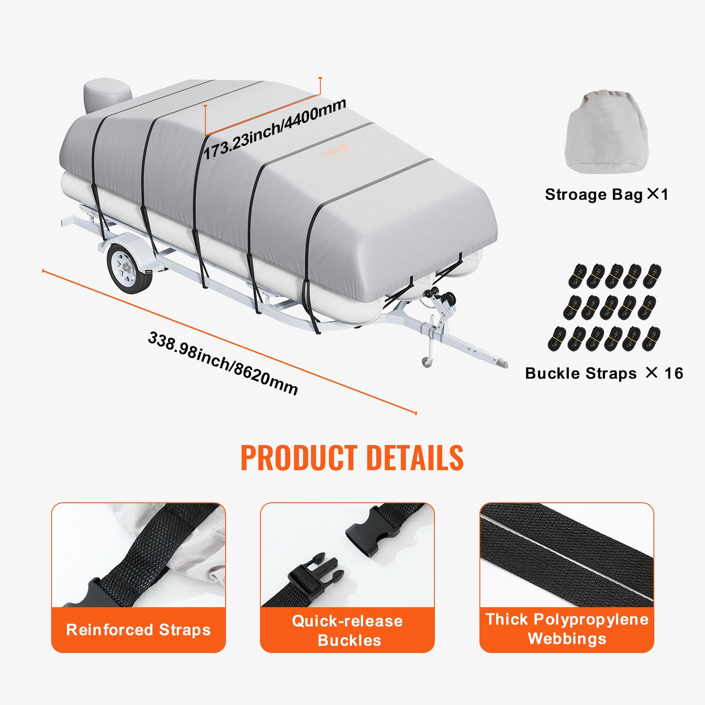 VEVOR Pontoon Boat Cover, 23'-24' Waterproof Trailerable Pontoon Cover, 800D Marine Grade PU Oxford Fabric, with Motor Cover, 16 Windproof Buckle Straps, Fits for 23'-24'L, Beam Width to 102", Grey