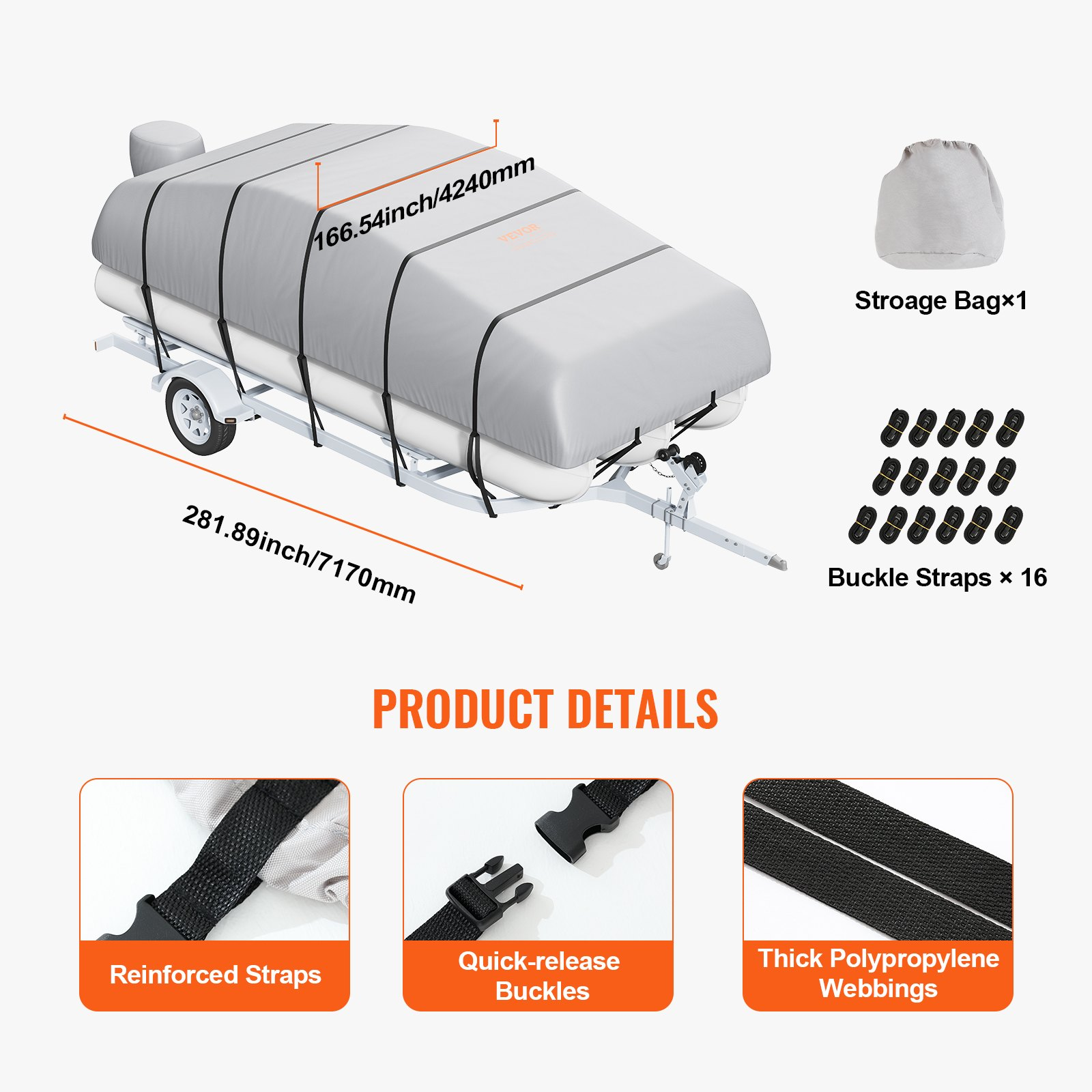 VEVOR Pontoon Boat Cover, 19'-20' Waterproof Trailerable Pontoon Cover, 800D Marine Grade PU Oxford Fabric, with Motor Cover, 16 Windproof Buckle Straps, Fits for 19'-20'L, Beam Width to 96", Grey