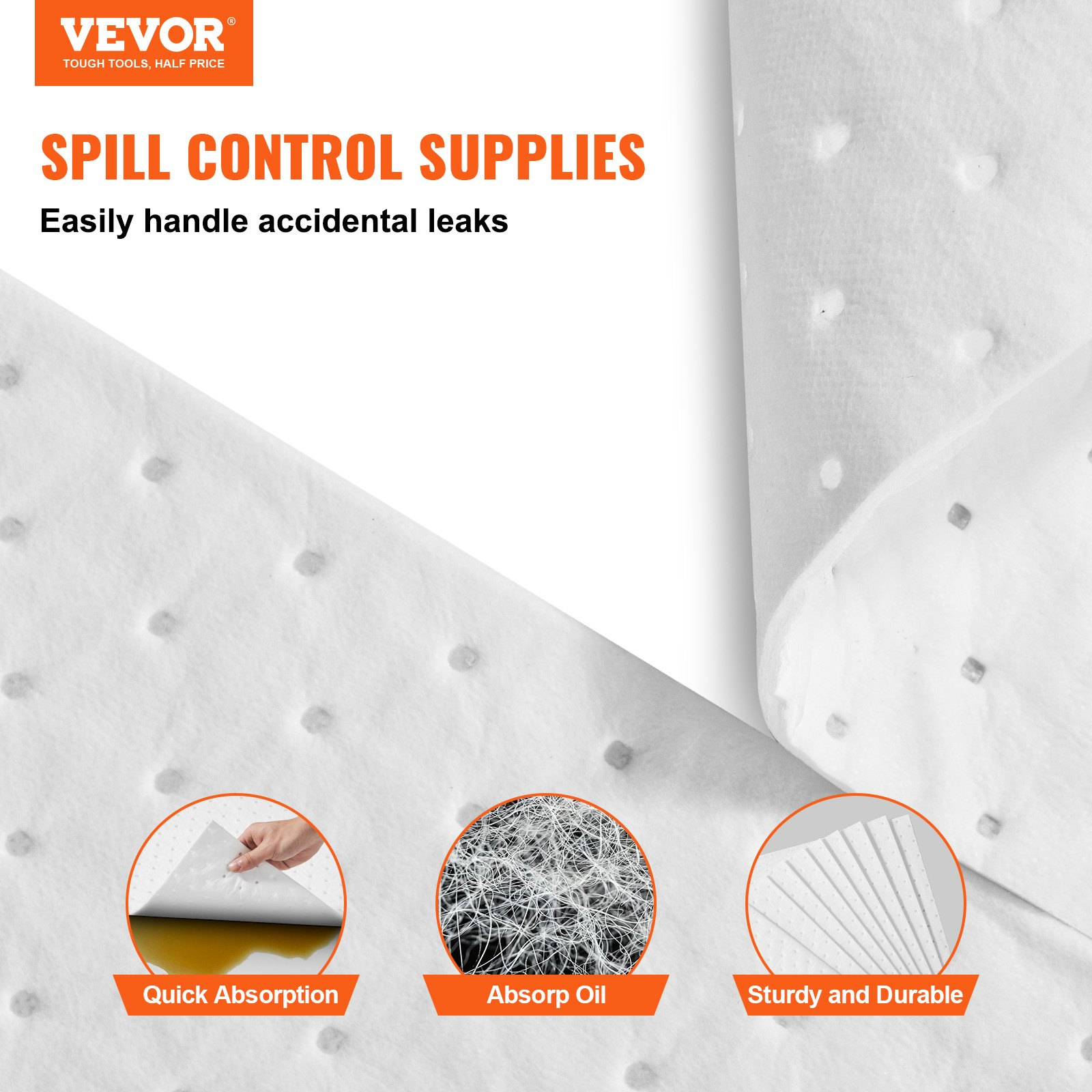 VEVOR Spill Absorbent Pads, Oil Absorbing Mat Absorbs up 75.7 L, 380 x 500 mm Polypropylene Absorbent Pad for Oil Only, Oil Spill Mats Pack of 100
