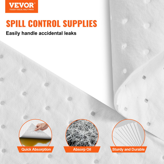 VEVOR Spill Absorbent Pads, Oil Absorbing Mat Absorbs up 75.7 L, 380 x 500 mm Polypropylene Absorbent Pad for Oil Only, Oil Spill Mats Pack of 100