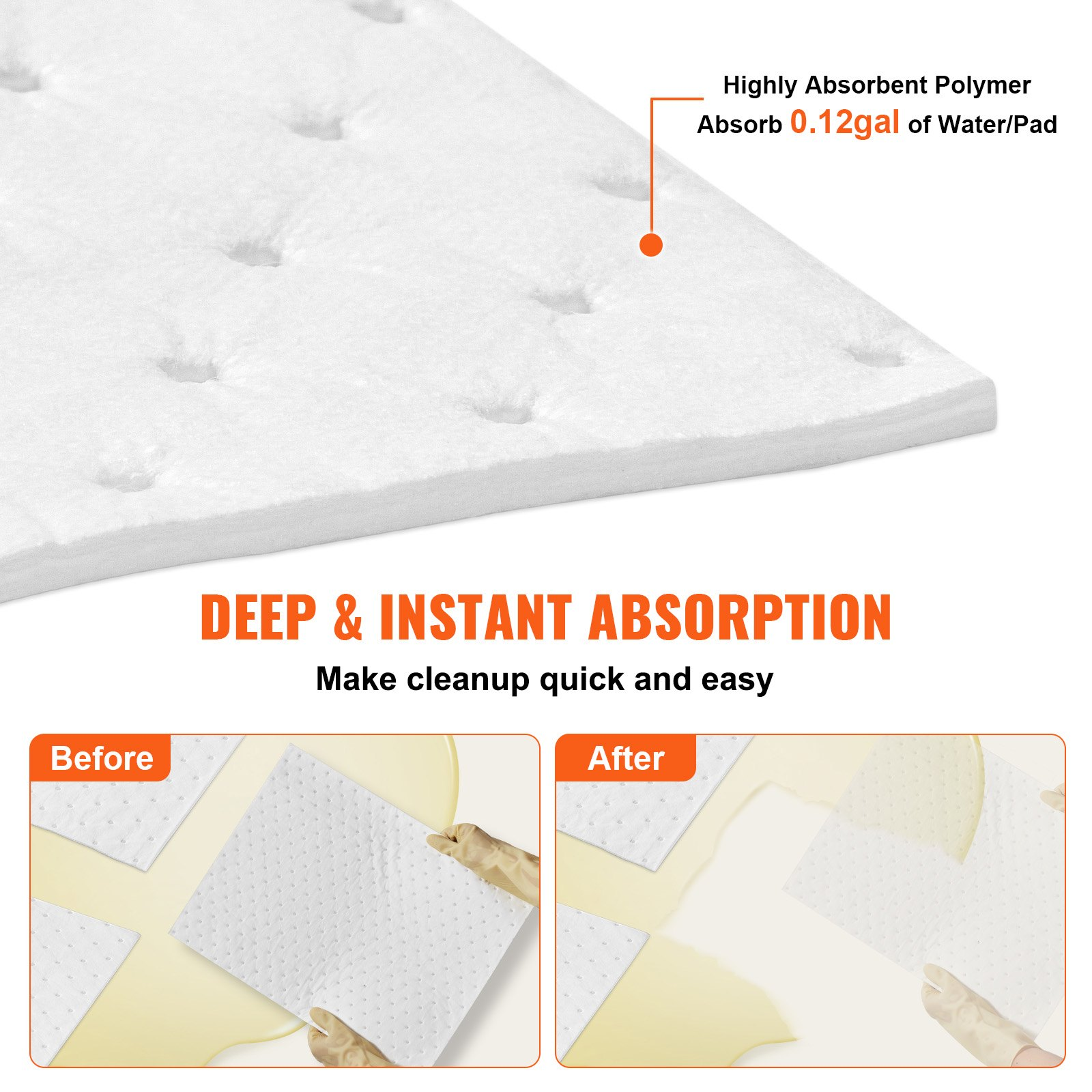 VEVOR Spill Absorbent Pads, Oil Absorbing Mat Absorbs up 75.7 L, 380 x 500 mm Polypropylene Absorbent Pad for Oil Only, Oil Spill Mats Pack of 100