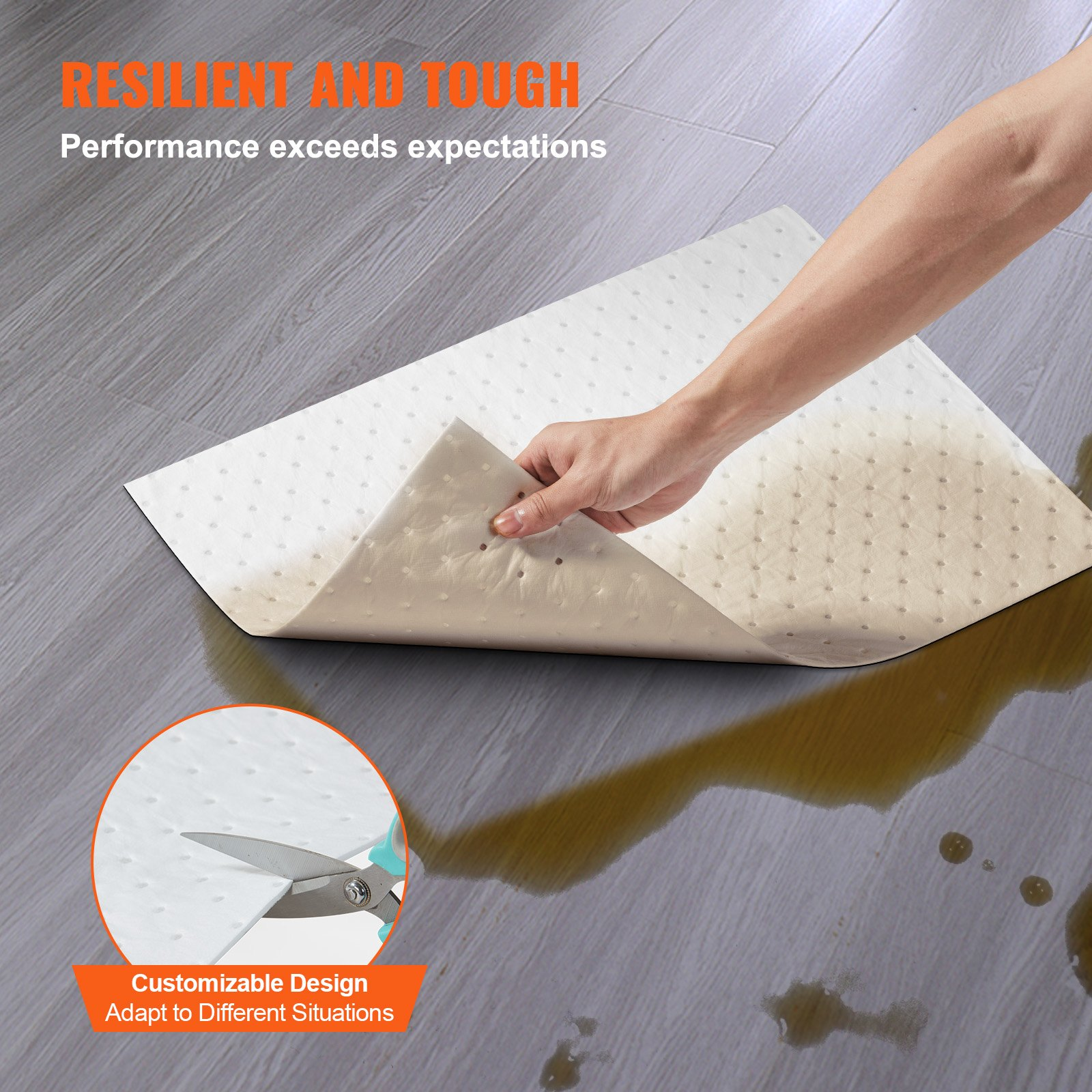 VEVOR Spill Absorbent Pads, Oil Absorbing Mat Absorbs up 75.7 L, 380 x 500 mm Polypropylene Absorbent Pad for Oil Only, Oil Spill Mats Pack of 100