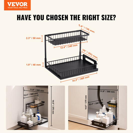 VEVOR 2-Tier Wire Pull Out Cabinet Under Sink Organizer 10.7"x14" Drawer Basket